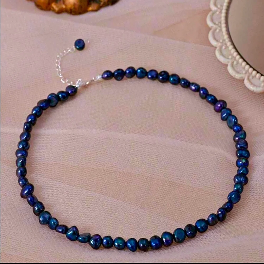 Black Blue Genuine Freshwater Pearl Necklace